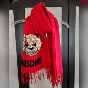 Moschino Teddy Bear Sequin Wool Scarf in Red Prestine